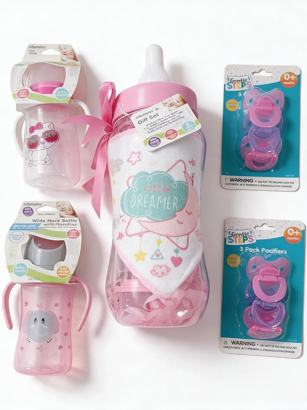 Pink Baby Gift Set - Bottle Bank Pacifier Bib Toy Brush Storage Container